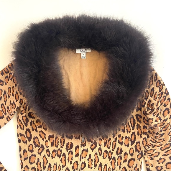 CACHE Zipper Sweater SMALL Leopard Animal Print Fox Fur Collar Knit Cardigan Top - Picture 13 of 15